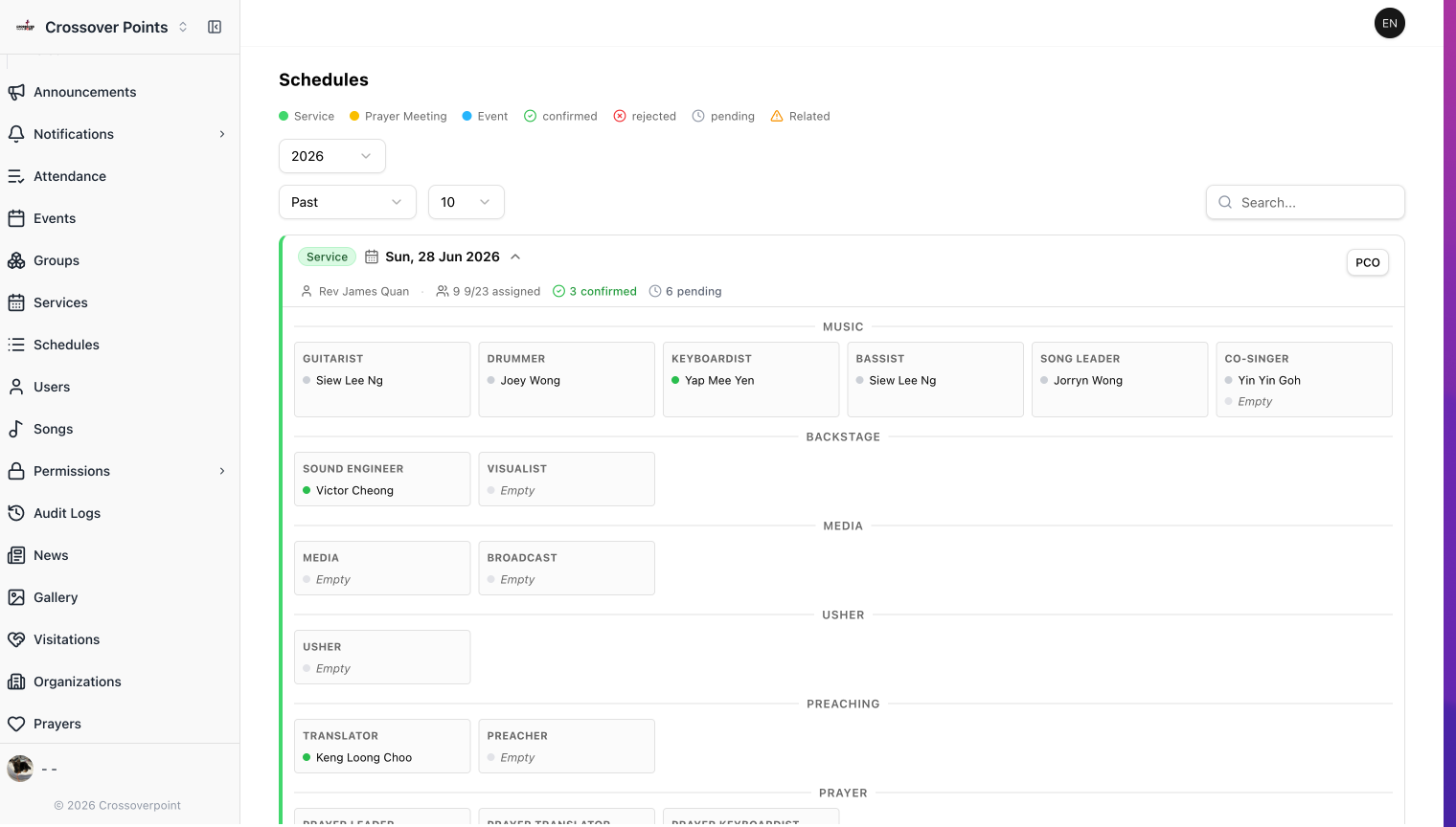 Crossover Point Admin Portal: schedules
